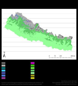 쾨펜 기후 구분에 따른 네팔 지도
