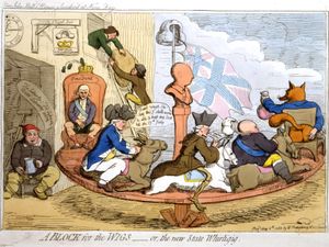 제임스 길레이(James Gillray)의 가발을 위한 블록(A Block for the Wigs)(1783)에서는 폭스(Fox)가 노스(North)와 연합하여 권력을 되찾은 것을 풍자적으로 그렸다. 가운데에 있는 바보는 조지 3세이다.
