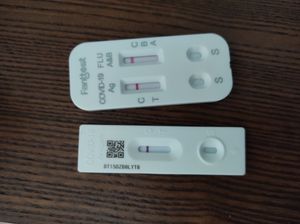 인플루엔자 A&B 항원 검사(아래)는 인플루엔자 A와 B 모두에 대한 음성 결과를 보여준다.