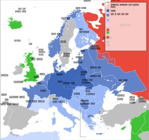 제2차 세계 대전 기간인 1942년 독일이 점령한 유럽의 지도. 푸른색 부분이 나치가 점령한 곳이다.