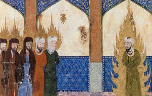 무함마드가 아브라함, 모세, 예수 등을 이끌고 기도하는 모습. 페르시아 미니어처, 15세기