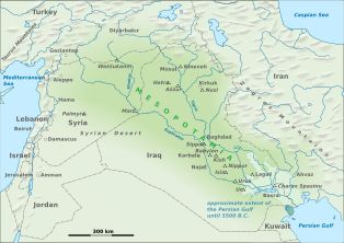 메소포타미아의 범위 (북쪽에서 남쪽으로: [[와슈칸니]], [[니네베]], [[하트라]], [[아수르]], [[누지]], [[팔미라]], [[마리, 시리아|마리]], [[시파르]], [[바빌론]], [[키시 (수메르)|키시]], [[니푸르]], [[이신]], [[라가시]], [[우루크]], [[카락스 스파시누]], [[우르]])