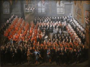 어린 루이 15세가 주재한 사법 재판 (lit de justice), 옆에는 방타두르 부인이 앉아 있다.