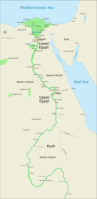 고대 이집트 지도, 주요 도시 및 왕조 시대 유적지 ([[기원전 3150년]]경부터 기원전 30년)