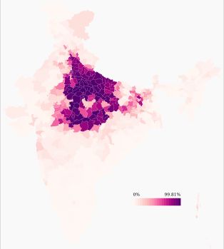 2011년 인구 조사에 따른 인도 내 힌디어 모어 화자 분포