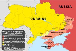 2014년 크림반도 합병과 2022년 도네츠크, 헤르손, 루한스크, 자포리자주 합병으로 러시아가 합병한 우크라이나 지역. 2022년 9월 30일 기준 러시아가 실제로 통제하고 있는 지역을 붉은 선으로 표시함