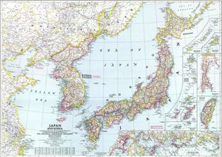 1945년 [[National Geographic Maps|''내셔널 지오그래픽'']] 한국 지도, 일본 지명과 지방 경계 표시