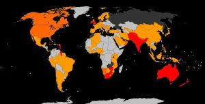 국제 크리켓 위원회(ICC) 회원국. 테스트 크리켓을 치르는 최상위 회원국은 빨간색으로, 준회원국은 주황색으로 표시되어 있으며, 그중 ODI 자격을 가진 국가는 더 진한 주황색으로 표시되어 있습니다. 정지 또는 탈퇴 회원국은 진한 회색으로 표시되어 있습니다.