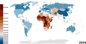인구 참조국(Population Reference Bureau)에 따른 국가별 출산율 지도(2024)