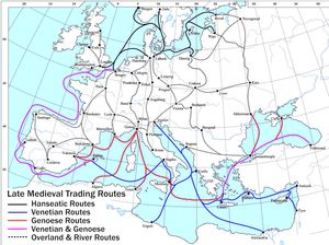 후기 중세 유럽의 주요 무역로 지도