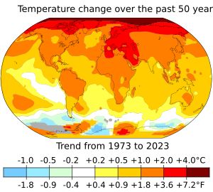 지난 50년간의 표면 기온 변화.