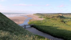 덴마크 리버 아 강 어귀 주변 풀로 뒤덮인 해안 사구