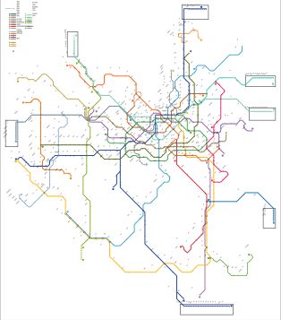 수도권 전철의 노선도. {{Color|#32c6a6|●}} 에메랄드 그린으로 북서쪽에 뻗어있는 것이 경의선