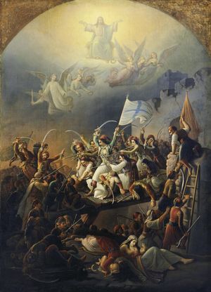 테오도로스 브리자키스(Theodoros Vryzakis)가 그린 메솔롱기의 돌파(탈출), 메솔롱기 3차 포위전을 묘사하고 있음