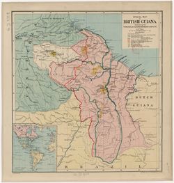 1897년 스코틀랜드 지도 제작자 조지 필립(George Philip)이 발표한 기아나-베네수엘라 국경 분쟁 그림. 베네수엘라에 할양된 서쪽 경계를 포함한다.