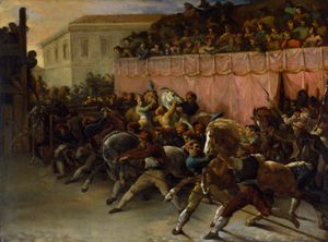 테오도르 제리코(Théodore Géricault)의 말 없는 경주자들(Riderless Racers at Rome). 15세기 중반부터 1882년까지 로마의 봄 카니발은 경마로 끝났다. 원래 북아프리카의 바바리 해안에서 수입된 15~20마리의 말 없는 말들이 긴 직선 도시 거리인 비아 델 코르소(Via del Corso)를 약 2분 만에 달렸다.