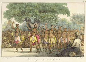 루이 쇼리가 묘사한 하와이 제도 여성 무용수들, 1816년경