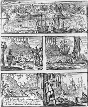 1648년 판화. 모리셔스에서 멸종된 도도새(가운데 왼쪽, 잘못 그려진 펭귄과 유사하게 묘사됨)와 다른 동물들의 사냥을 보여줌