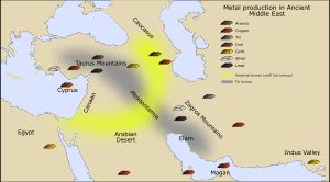고대 중동의 광산 지역 분포. 비소(갈색), 구리(빨간색), 주석(회색), 철(적갈색), 금(노란색), 은(흰색), 납(검은색), 비소 청동(노란색), 주석(청동)