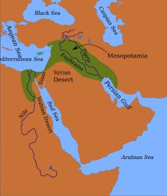 티그리스 강과 유프라테스 강 사이의 고대 메소포타미아 위치를 포함한 비옥한 초승달 지대 지도.