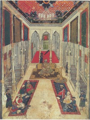 마라타 제국(Maratha Empire)의 다르바르 모습. 국왕(Raja)과 귀족들(Sardar, Jagirdar, Istamuradar, Mankari)이 봉건 국가(Princely state)에 나타나 있다.