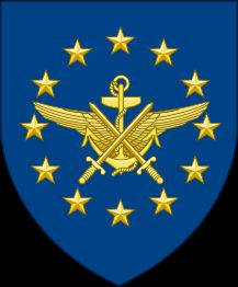 EU 군사 참모부(EUMS)의 문장. 문장에는 유럽의 왕관인 12개의 금색 별, 닻, 날개, 두 개의 교차된 칼이 그려져 있다.