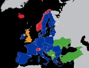 유럽 연합 회원국(파란색), 탈퇴국(분홍색), 후보국(하늘색), 신청국(연하늘색) 등
