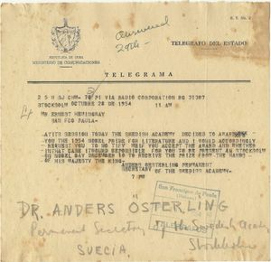 어니스트 헤밍웨이의 1954년 전보