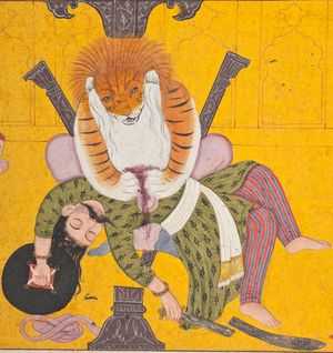 나라심하가 기둥에서 나타나 히란야카시푸의 배를 가르고 있는 모습(세부), 바가바타 푸라나의 필사본, 1760–1770년.