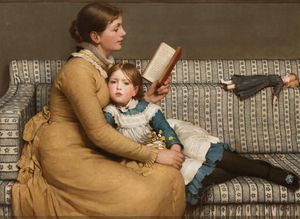 화가 조지 던롭 레슬리(George Dunlop Leslie)의 이상한 나라의 앨리스(1879). 영국 왕립 예술 아카데미(Royal Academy of Arts)에 전시되었으며, 어머니가 아이에게 책을 읽어주는 모습을 묘사하고 있다.(아이의 연한 파란색 드레스와 흰색 앞치마는 앨리스에서 영감을 받았다.)