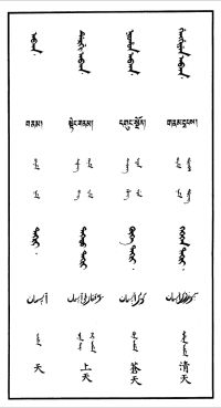 「어제오체청문감(御製五体清文鑑)」의 일부. 위부터 만주어, 티베트어, 티베트어 발음을 만주 문자로 표기한 것, 몽골어, 위구르어(아라비아 문자 표기), 위구르어 발음을 만주 문자로 표기한 것, 한문