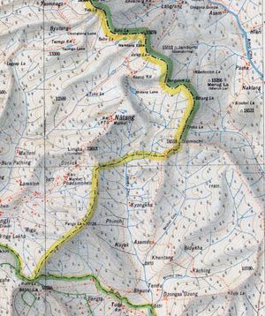 지도 5: 1923년 인도 측량국이 제작한 시킴 국경 지도. 동크야 산맥을 기준으로 기프모치 산이 정확하게 표시되어 있다.