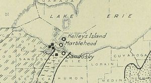 1923년 "오하이오 지리"에서 발췌한 오하이오 북부 석고 매장 지도(검은색 정사각형은 매장 위치 표시)