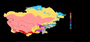 중앙아시아의 쾨펜-가이거 기후 분류 지도 (1991-2020년, 1km 해상도)