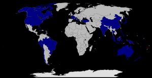 니우에(빨간색)와 외교 관계를 맺고 있는 국가(파란색)