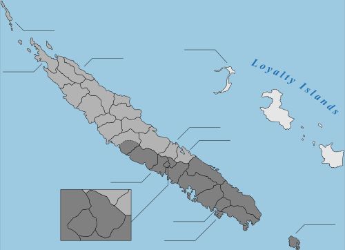 뉴칼레도니아 코뮌 지도 (연회색과 진회색은 각각 북부와 남부 주)