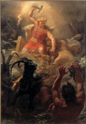 1872년 마르텐 에스킬 빙에(Mårten Eskil Winge)가 그린 그림으로, 목요일의 이름이 유래된 북유럽 신 토르(Thor)의 거인과의 싸움을 묘사하고 있다.