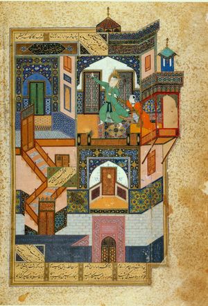 유수프와 줄라이하(Yusuf and Zulaikha). 《쿠란》에 따르면 아름다운 청년 유수프는 만나는 모든 여인의 마음을 빼앗았다고 한다. 유수프를 사랑한 줄라이하는 함정을 파서 그와 맺어지려 했으나, 결국에는 실패했다. 비흐자드 작. 1488년, 헤라트. 카이로 이집트국립박물관 소장.