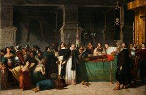 루이스 몬테로의 아타우알파의 장례식(1867). 아타우알파는 1533년 8월 29일 스페인인들에게 처형된 마지막 사파 잉카였다.