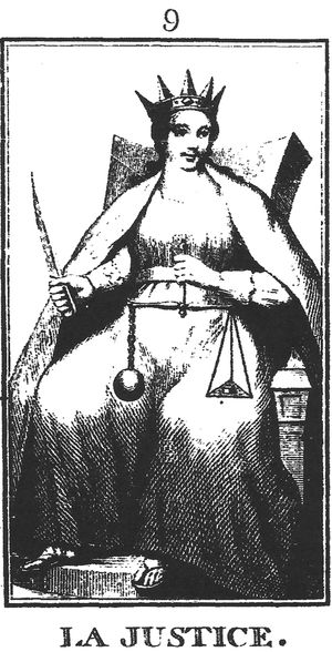 에틸라 타로(1785년)의 초기 원형. 정의 카드.