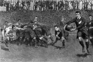 프랭크 길레트의 삽화. 최소 5만 명의 관중이 참석한 잉글랜드 대 오리지널 올 블랙스 테스트 경기를 보여줍니다. 뉴질랜드가 15-0으로 승리했습니다.