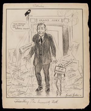 면책의 목욕 (J.J. 한버그가 여러 장의 도장이 찍힌 영수증에 둘러싸인 채 대배심 회의실을 나서는 모습), 1910년 3월 5일