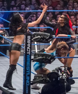 타라(오른쪽)가 파트너 게일 킴에게 태그하며 블라썸 트윈을 고립시키고 있다.