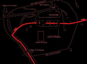 현재의 공동경비구역 (JSA) 지도. 붉은색은 군사분계선 (MDL)을 나타내며, 건물은 검은색은 조선인민군 (KPA)이, 흰색은 대한민국 국군 (ROK)과 유엔군 (UN)이 점유하고 있다.