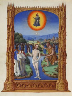 베리 공작의 매우 풍부한 시간(Les Très Riches Heures du Duc de Berry)에 나오는 미니어처로, 예수의 세례 장면을 묘사하고 있으며, 하나님 아버지께서 예수를 자신의 아들이라고 선포하신 장면이다.
