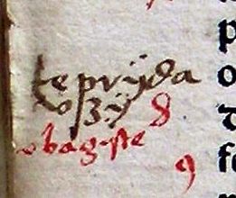 1520년에서 1530년 사이에 요한 헤롤트의 책 Liber Discipuli de eruditione Christifidelium 여백에 적힌 가장 오래된 리투아니아어 주석. 단어: teprÿdav[ſ]ʒÿ (치다), vbagÿſte (빈곤).