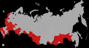 1996년 선거 2차 투표 결과. 주가노프가 승리한 지역은 빨간색으로 강조 표시됨