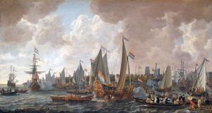1660년 5월, 찰스 2세는 네덜란드 망명에서 잉글랜드 복고왕정을 위해 항해했습니다. 리에베 페르슈위어(Lieve Verschuier)의 그림.