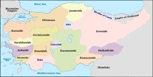 1330년경 아나톨리아 베이국들의 [[시대착오]]적인 지도