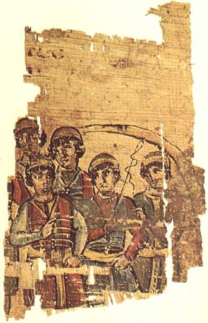 Charioteer Papyrus(약 500년)에서 파벌의 붉은색 튜닉을 입은 전차 경주사들